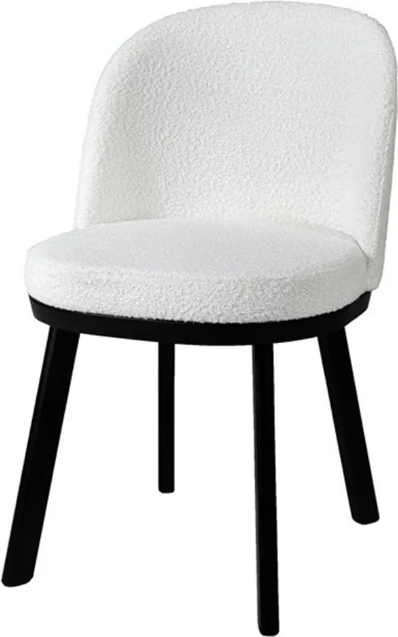 Scaun dining tapițat shabby chic din stofă bouclé și lemn de fag, alb, cu spătar rotunjit învelitor și picioare negre, 80 x 49 x 55 cm, „Amelie”