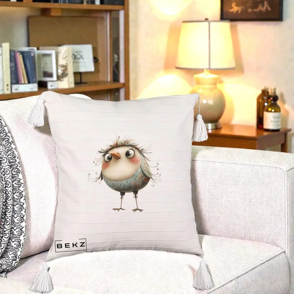 Perna Decorativa Pasare cu Penaj Zbarlit si Gene, 40x40 cm, Bej cu Franjuri, Husa Detasabila, Perna Inclusa, BEKZ®