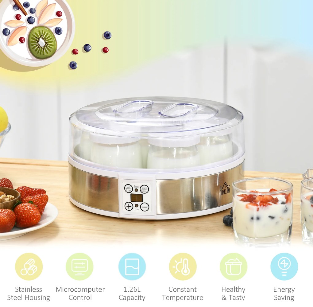 HOMCOM Mașină de Făcut Iaurt cu 7 Borcane Sticlă 180ml Cronometru Termostat Ajustabil Afisaj LED Deserturi Casnice | Aosom Romania