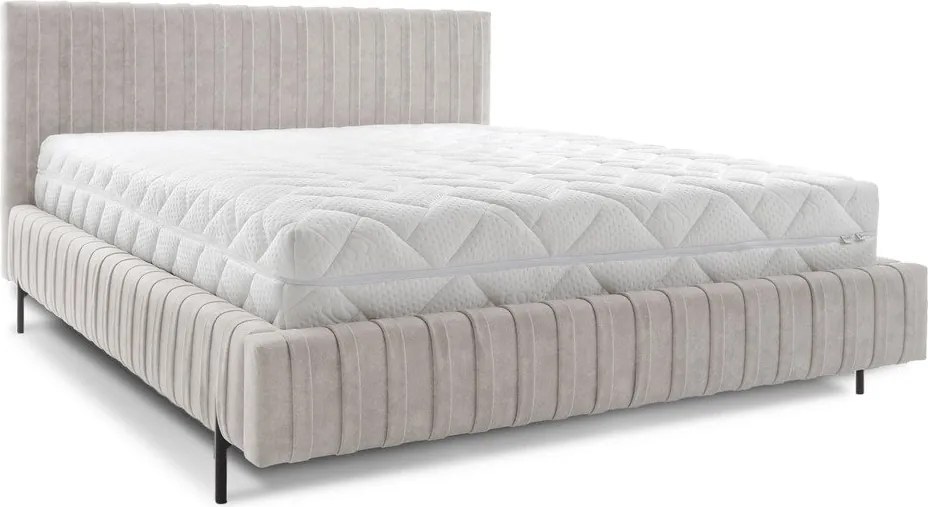 Pat matrimonial bej tapițat cu spațiu de depozitare cu somieră 180x200 cm Plissa – ELTAP