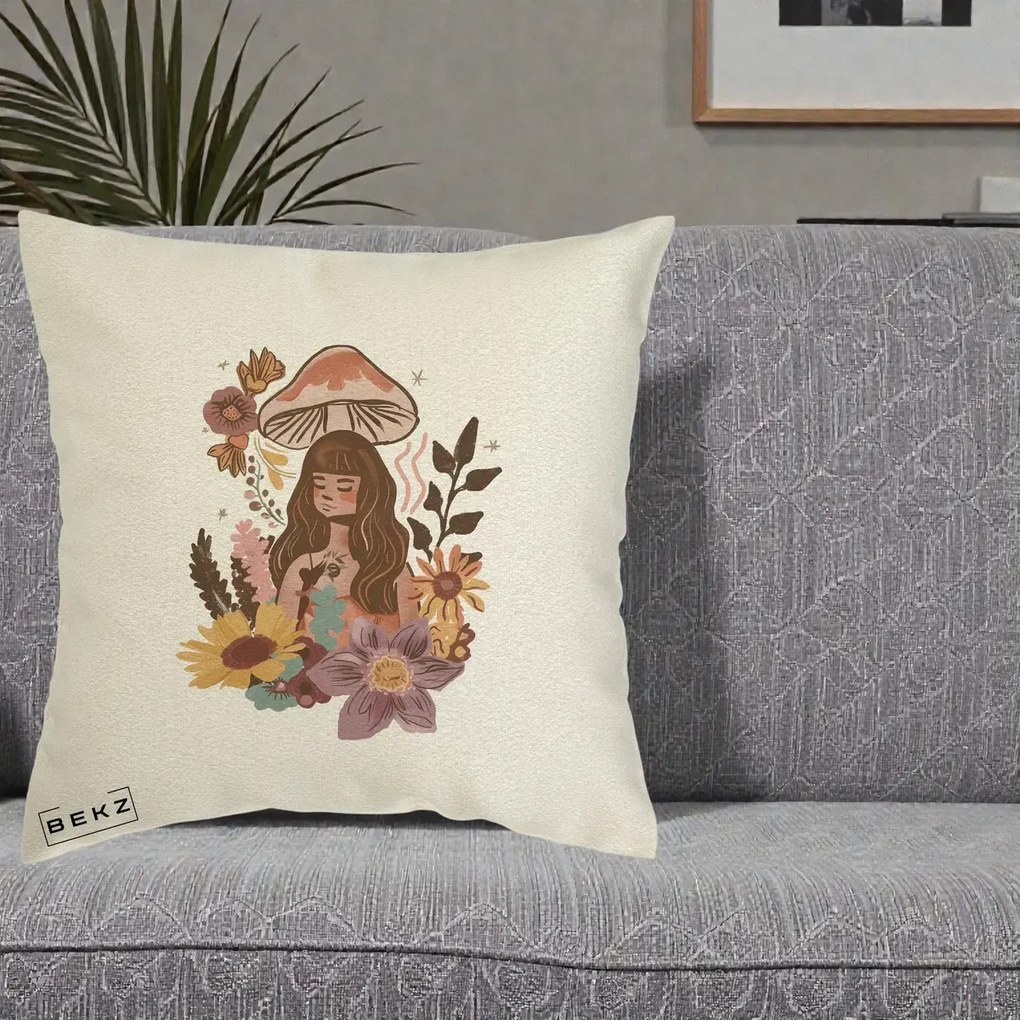 Perna Decorativa Fata Ciuperca Boho Florala, 40x40 cm, Ecru, Husa Detasabila, Perna Inclusa, BEKZ®