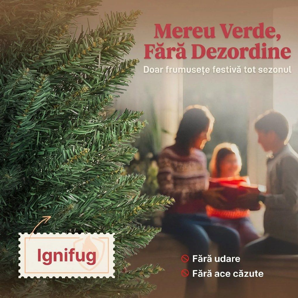 HOMCOM Brad de Crăciun artificial Slim 210 cm cu 401 ramuri, model brad, bază din plastic, verde | Aosom Romania