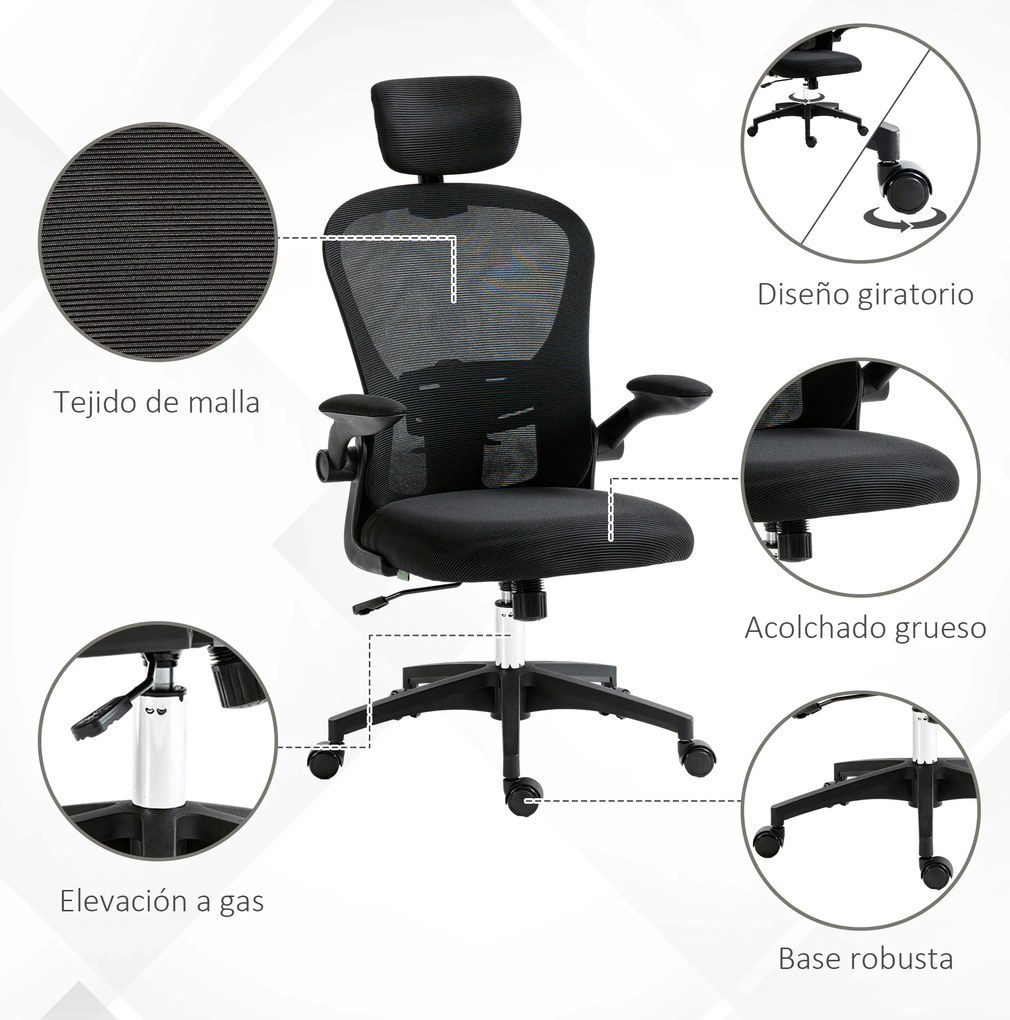 Vinsetto Scaun de Birou din Plasă Scaun de Escritorio Spătar Înalt Suport de Cap Ajustabil Suport Lombar 4D 62x64x120 cm Negru | Aosom Romania