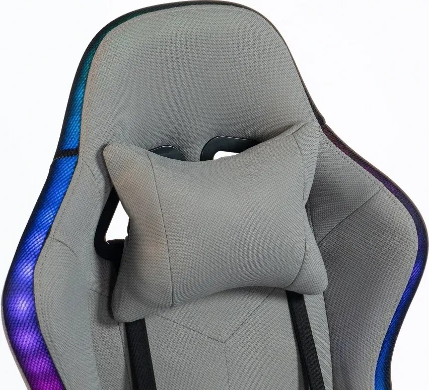 RESIGILAT- ALFORD Scaun gaming cu Masaj in 5 puncte, Perna lombara cu Masaj, Sistem iluminare banda LED RGB, Boxe Bluetooth, suport picioare, textil, Gri