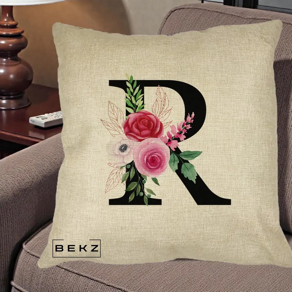 Cadou Personalizat - Perna Personalizata Monograma Florala Litera R, 40x40 cm, Crem, Husa Detasabila, Perna Inclusa, BEKZ®