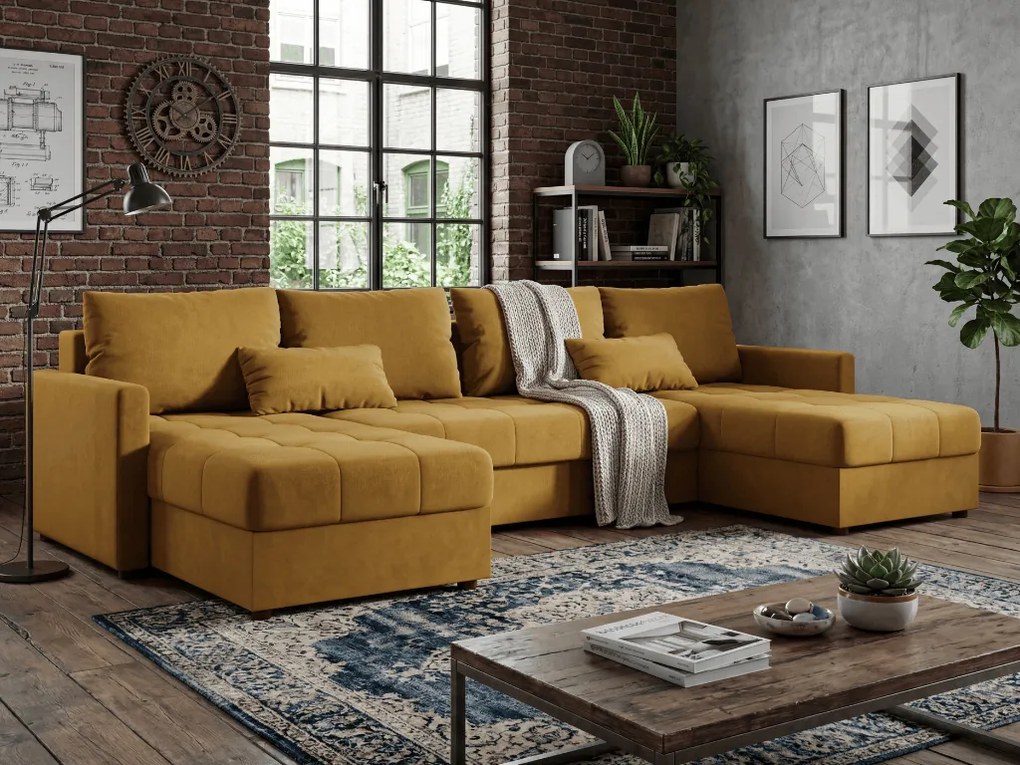 Coltar extensibil in forma de U VENORIA, mustar, 285x146 cm + 2 perne GRATUIT