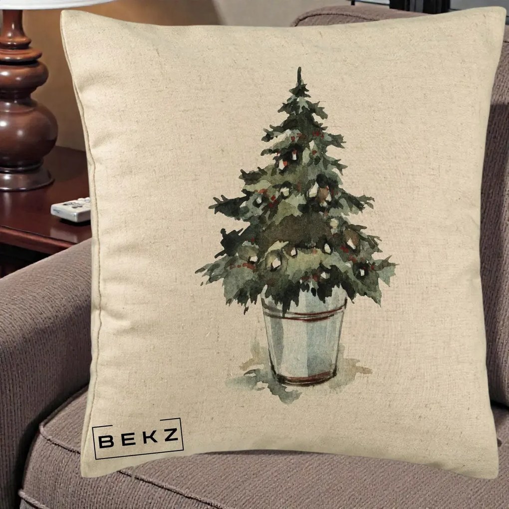 Perna decorativa de Craciun: Brad in Galeata Watercolor, 40x40 cm cu Umplutura, Bej, BEKZ