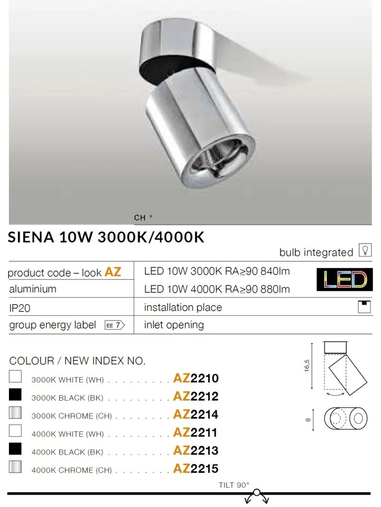 Spot LED aplicat, directionabil pentru tavan/plafon SIENA 10W 3000K crom