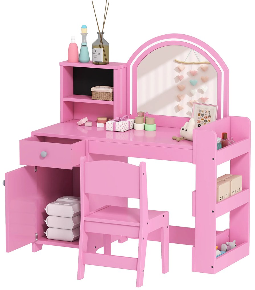 AIYAPLAY Masă de machiaj pentru copii cu taburet și oglindă LED, masă de machiaj pentru 3-8 ani, 88,6 x 38,8 x 96,9 cm, roz | Aosom Romania