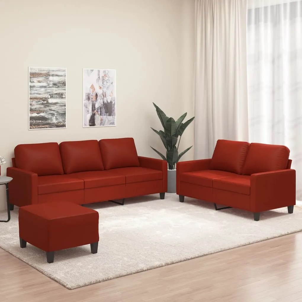 3153969 vidaXL Set de canapele cu perne, 3 piese, roșu vin, piele ecologică