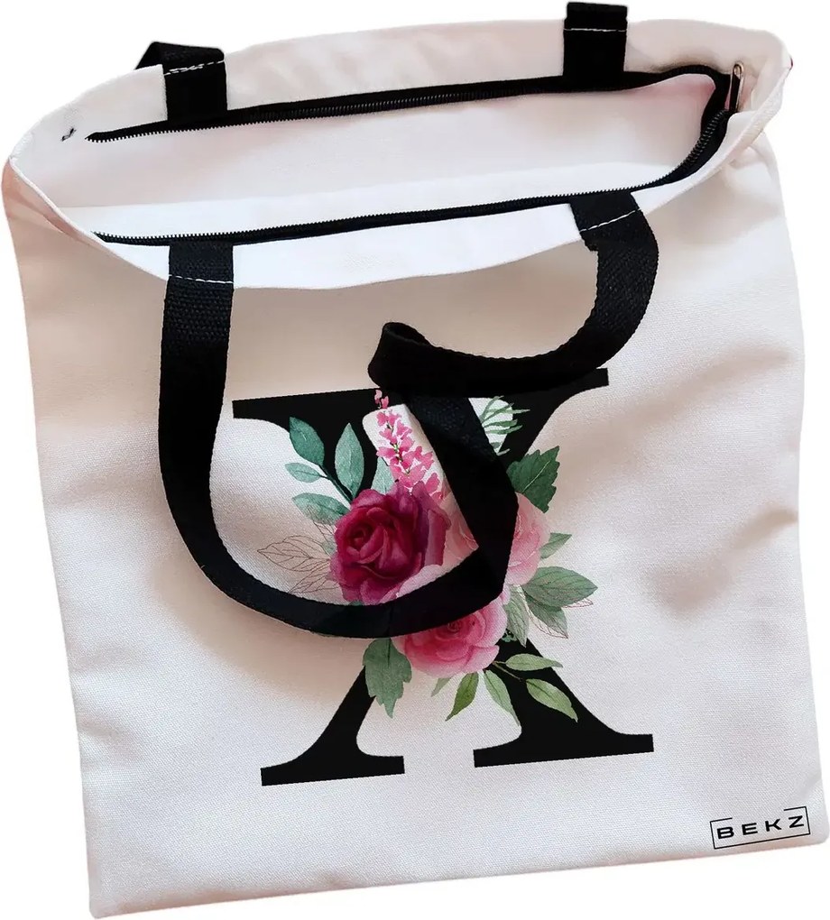Sacosa de Panza pentru Cumparaturi, Geanta Tote, Cu litera X si Trandafiri, Cu fermoar, 38x34.5 cm, Alba, BEKZ®