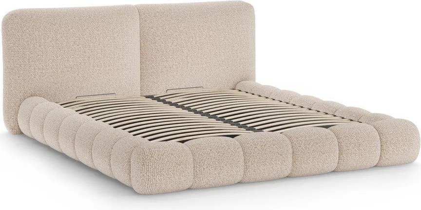 Pat matrimonial grej tapițat cu spațiu de depozitare cu somieră 180x200 cm Solange – Micadoni