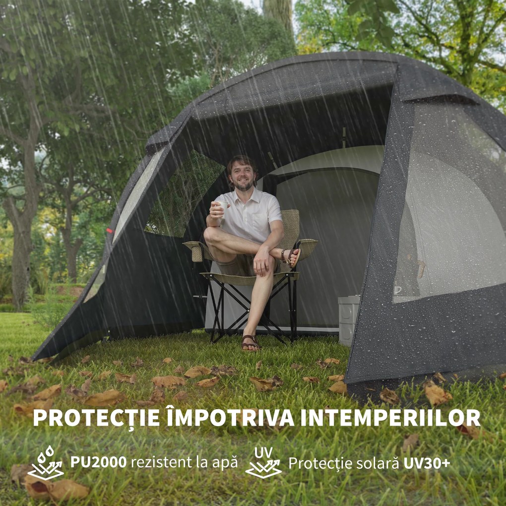 Outsunny Cort Tunel pentru 3-4 Persoane, Cort de Camping cu Doua Camere, cu Ferestre si Obloane, Geanta de Transport Portabila, pentru Pescuit, Drumetii, Sport, Festival, Negru | Aosom Romania