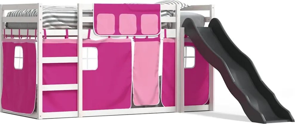 vidaXL Pat supraetajat cu tobogan și perdele, roz, 80x200 cm