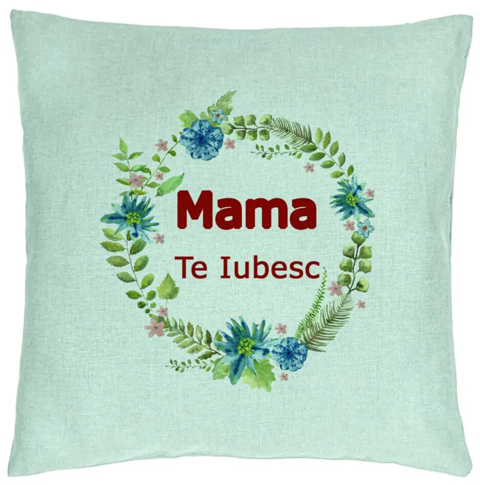 Perna Decorativa, Model Mama Te Iubesc, 40x40 cm, Verde Menta, Husa Detasabila, Burduf