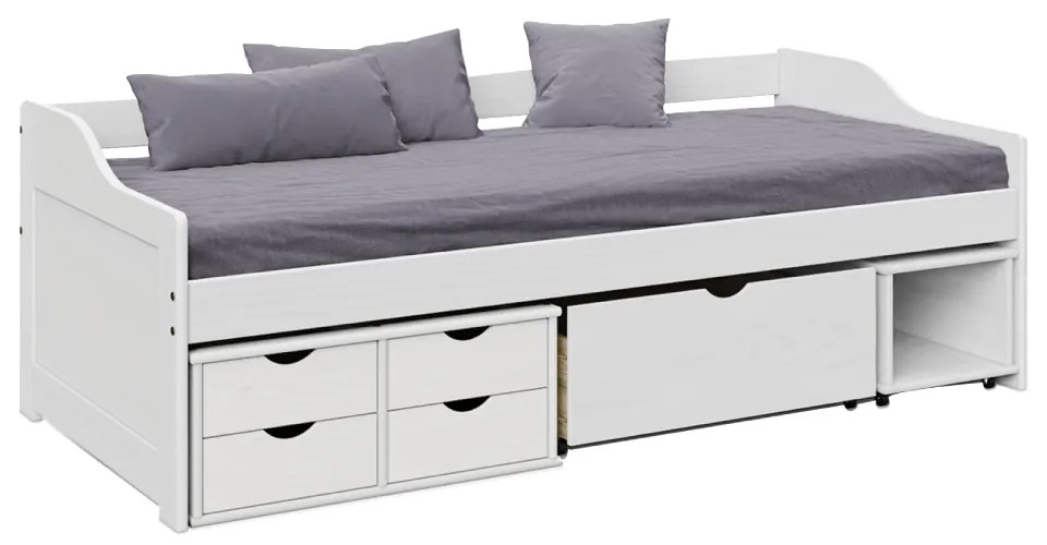 Pat cu spaţiu de depozitare, alb, lemn masiv, 90x200, MAXI NEW