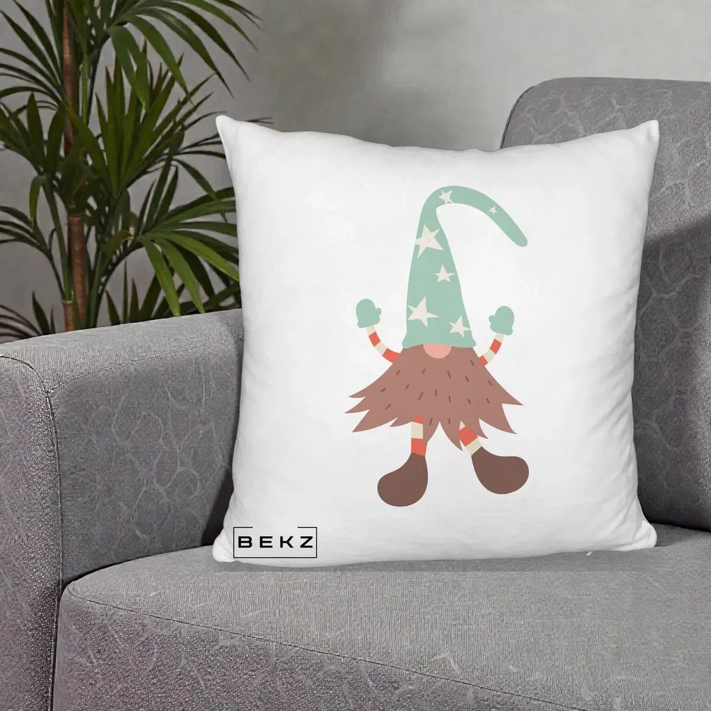 Perna Decorativa Pitic Gnom Nordic cu Cadou Menta, 40x40 cm, Alb Pufos, Husa Detasabila, Perna Inclusa, BEKZ®