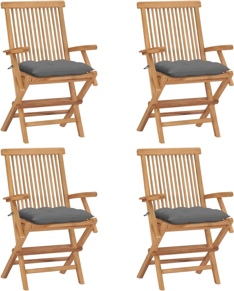 vidaXL Scaune de grădină cu perne gri, 4 buc., lemn masiv de tec