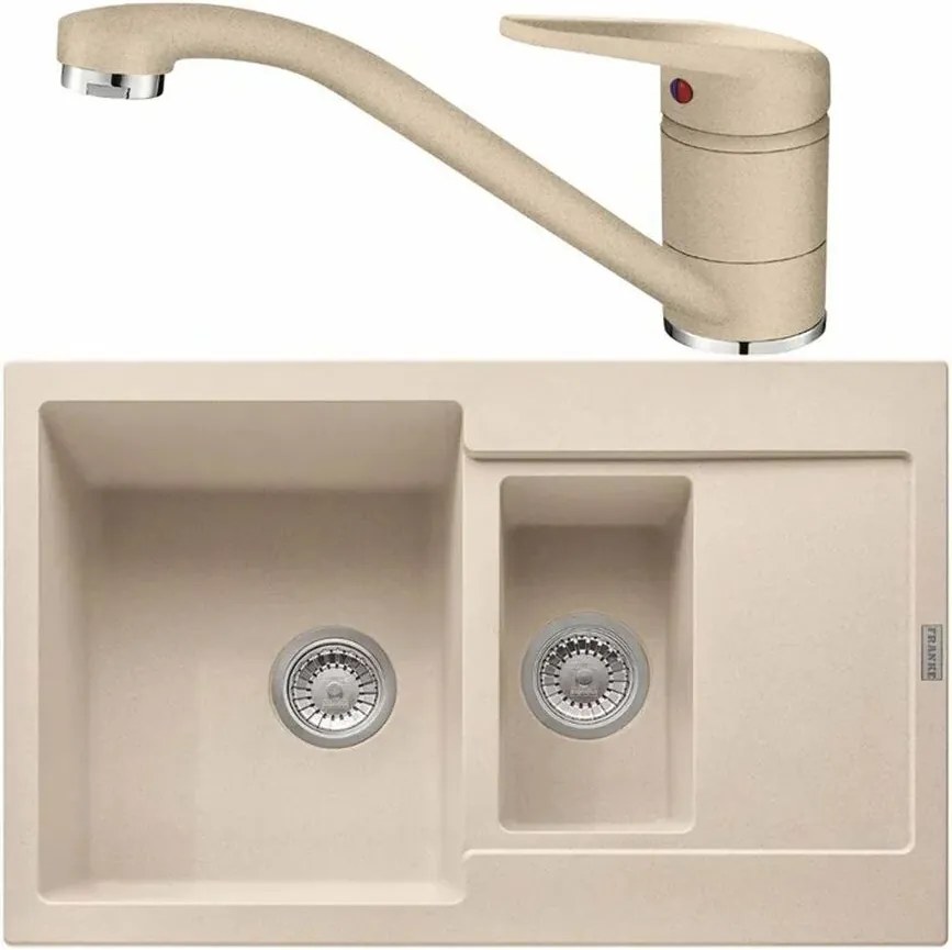 Set chiuveta bucatarie compozit Franke Maris Avena 1 cuva 1/2 cu picurator 78x50 cm finisaj bej mat cu baterie Novara Plus