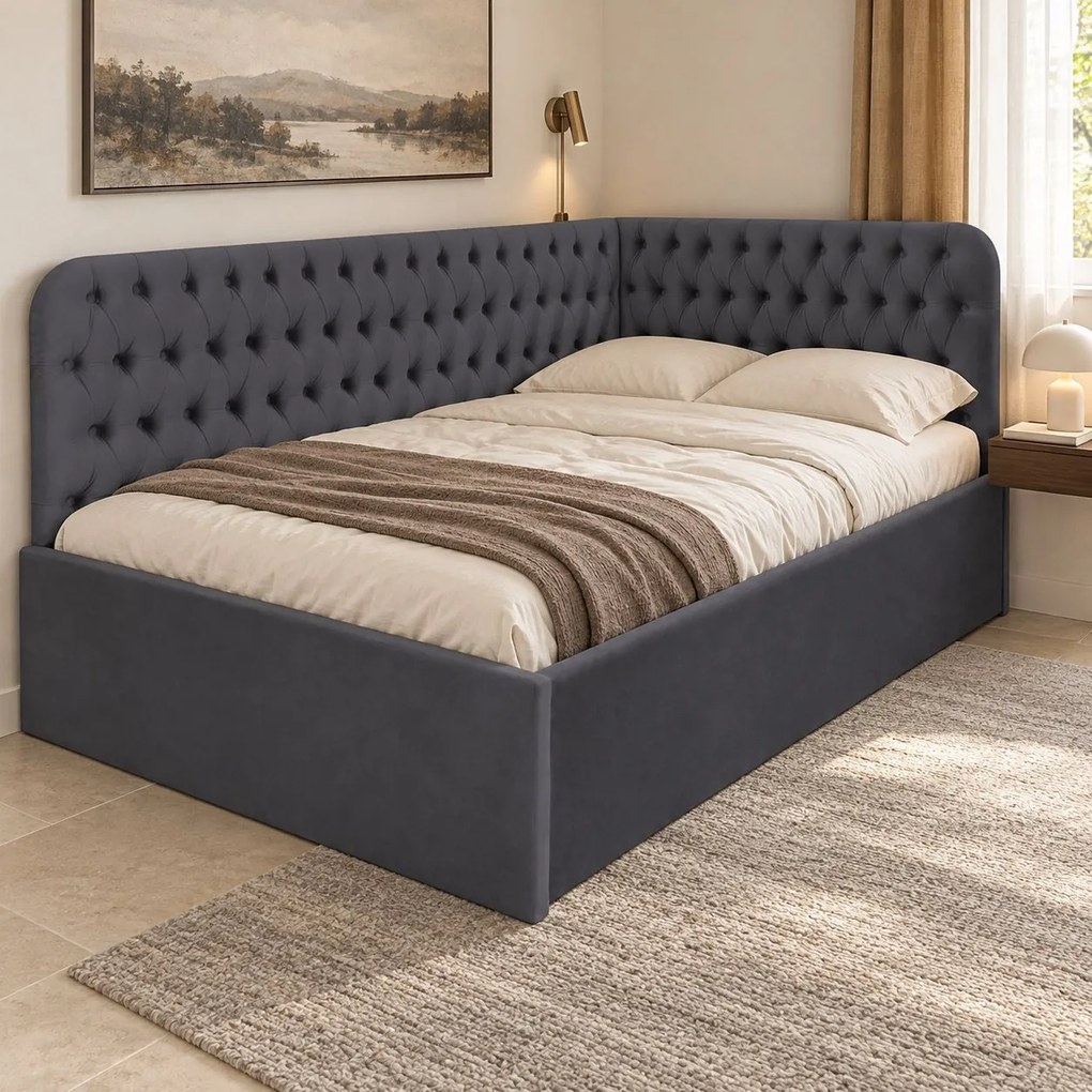 Pat tapițat pentru copii din catifea Elyra 140×200 cm, gri închis, colț stânga, cu ladă de depozitare