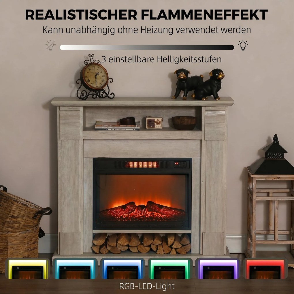 HOMCOM Șemineu Electric 1800W Reglabil cu Flacără 3D, Raft, Timer și Telecomandă, 105x27x97 cm, culoare Lemn | Aosom Romania