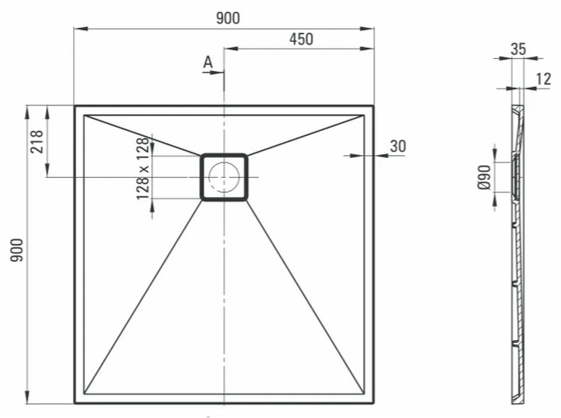 Cadita dus compozit slim patrata gri 90x90 cm Deante, Correo Square Gri metalizat, 900x900 mm