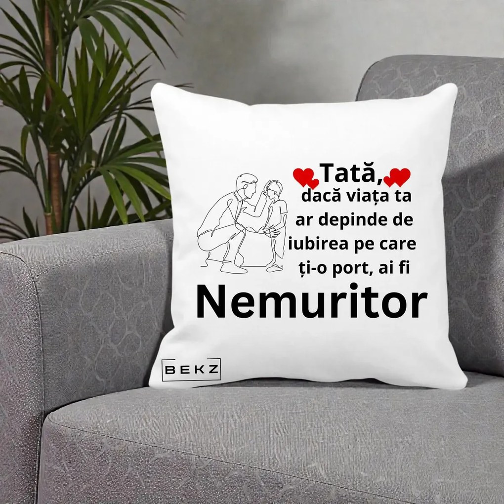 Cadou pentru Tata - Perna Personalizata Tata Nemuritor Baietel, 40x40 cm, Alba Mata, Husa Detasabila, Perna Inclusa, BEKZ®