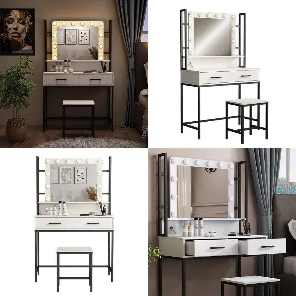 SEA807 - Set Masa toaleta 90 cm, cosmetica, machiaj, oglinda cu LED, masuta vanity cu scaun - Alb - Negru