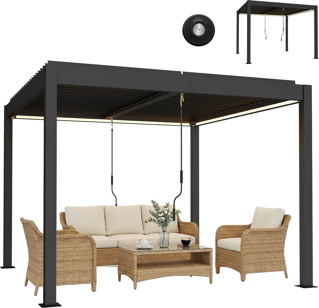 Outsunny Pergolă 3x3 m acoperiș terasă din aluminiu cu iluminare LED, telecomandă, acoperiș cu lamele reglabil | Aosom Romania