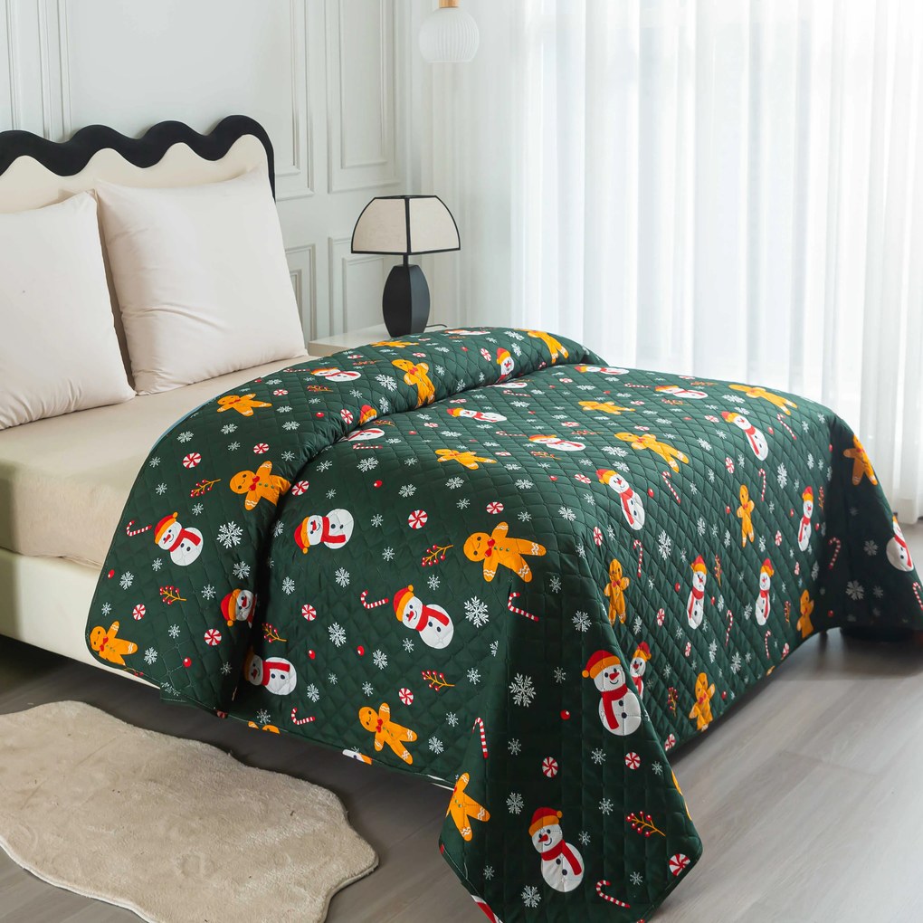 Cuvertura de pat SNOWMAN AND GINGERBREAD, verde Dimensiune: 170 x 210 cm