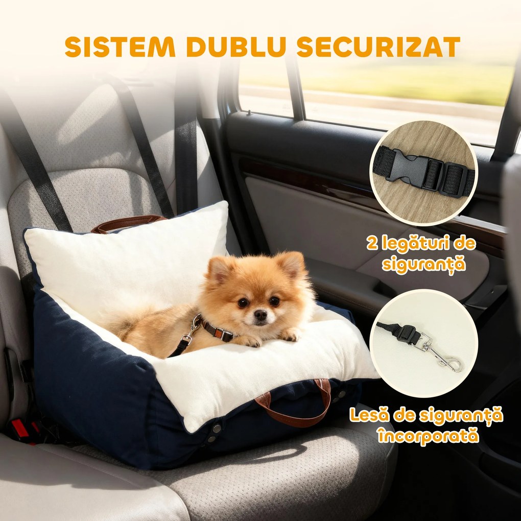 Scaun Auto PawHut pentru Câini Mici cu Lesă de Siguranță, Detașabil și Lavabil, Albastru | Aosom Romania