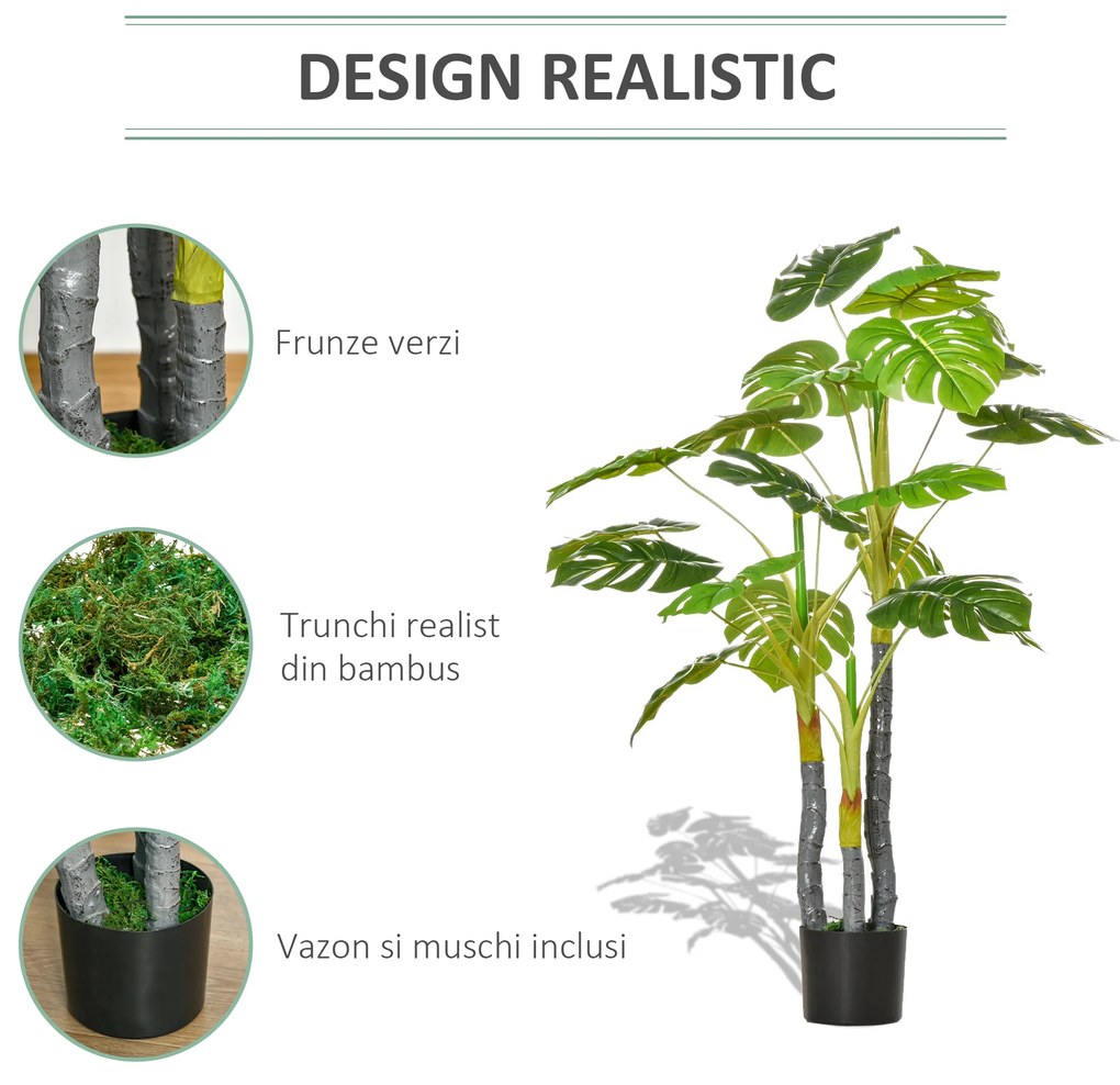 HOMCOM Monastera Planta Artificiala de Interior si Exterior, Planta Artificiala cu efect Realist cu 20 de Frunze, 120 cm | Aosom Romania