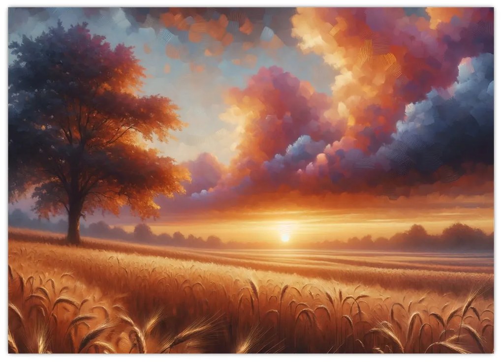Tablou pe sticlă – Apus de soare pe câmp (70x50 cm)
