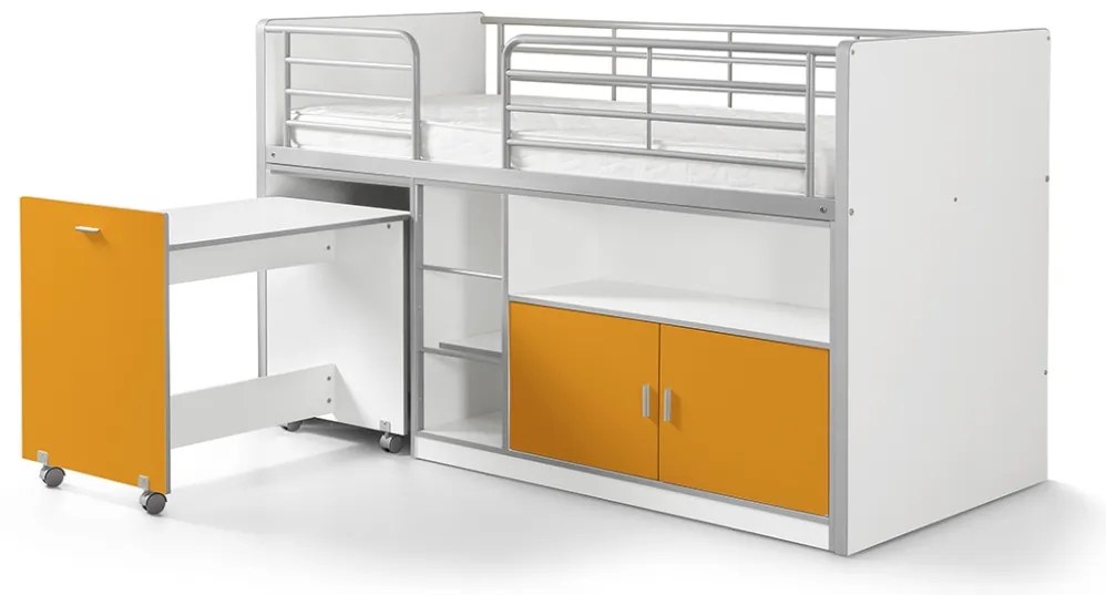 Pat etajat din pal si metal cu birou incorporat si 2 usi, pentru copii Bonny portocaliu, 200 x 90 c