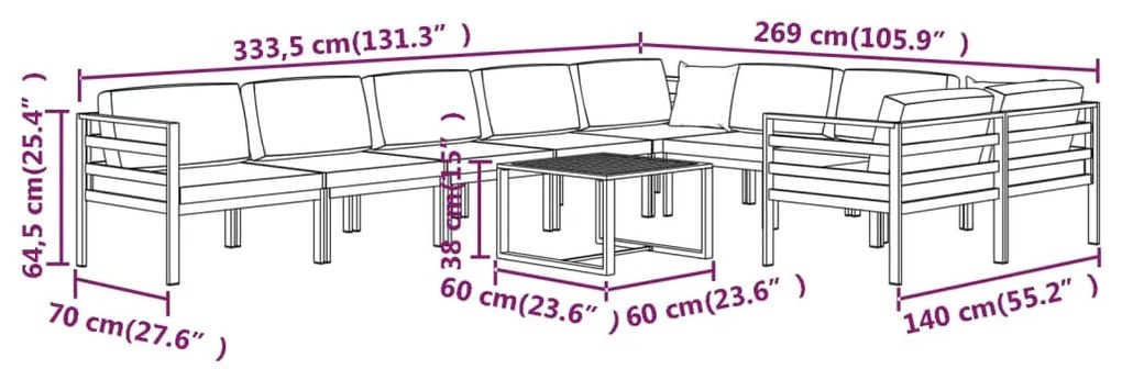 Set mobilier de gradina cu perne, 10 piese, antracit, aluminiu 4x colt + 5x mijloc + masa, 1