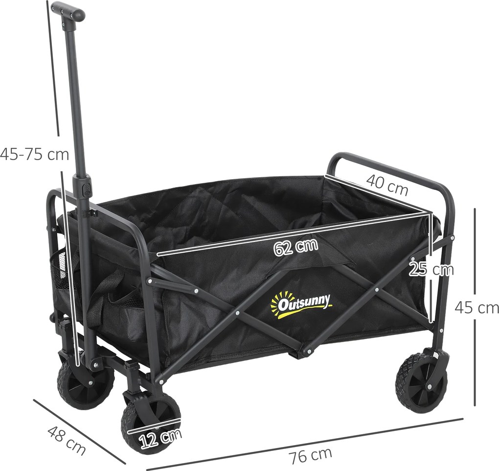 Outsunny Cărucior de Grădină Pliabil și Compact, Cărucior Multifuncțional cu Roți Universale și Mâner Reglabil pentru Sport, Camping, Cumpărături, Negru | Aosom Romania