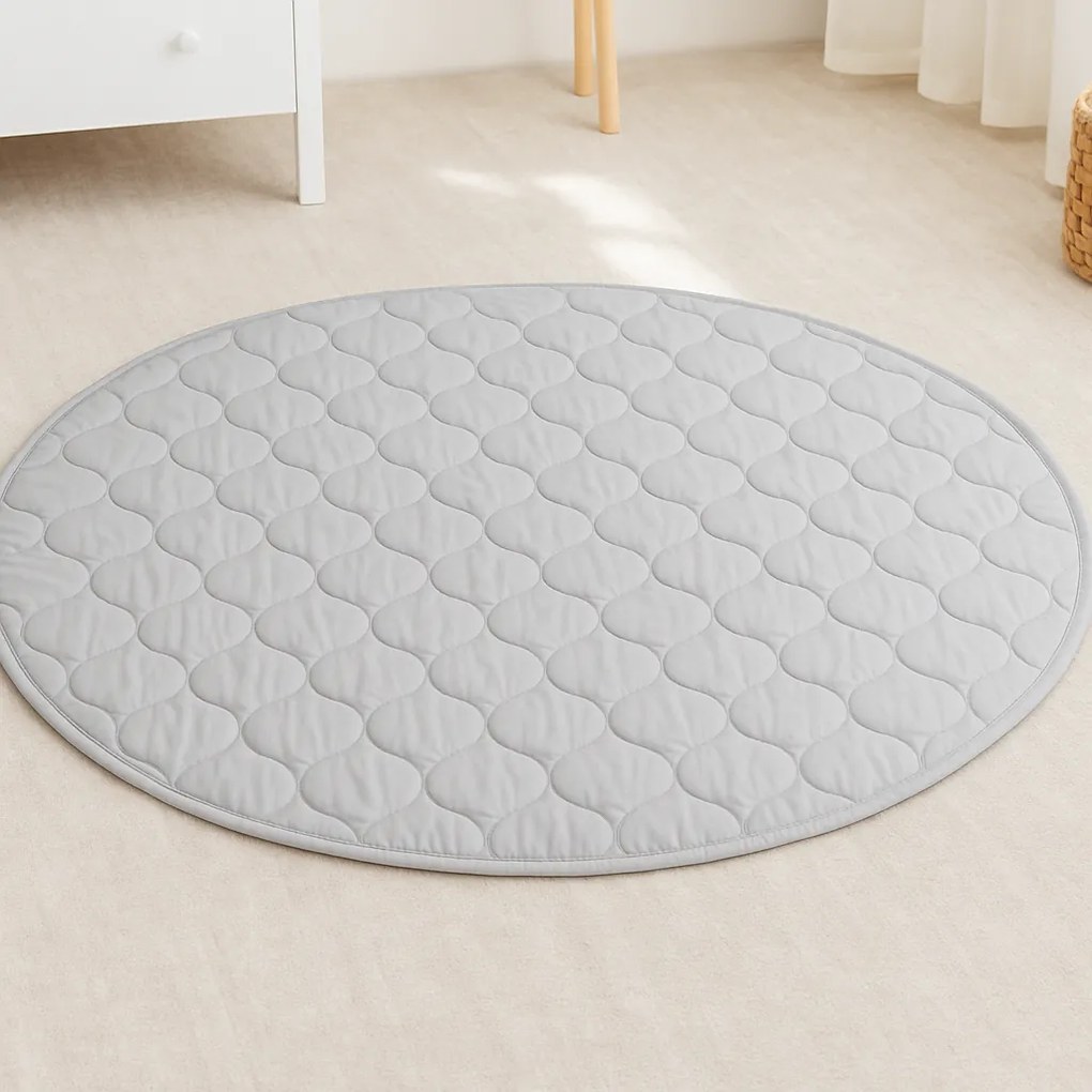 Covor copii de joaca gros rotund  cu diametru de 150 cm Kidizi gri, model matlasat, lavabil si usor de intretinut