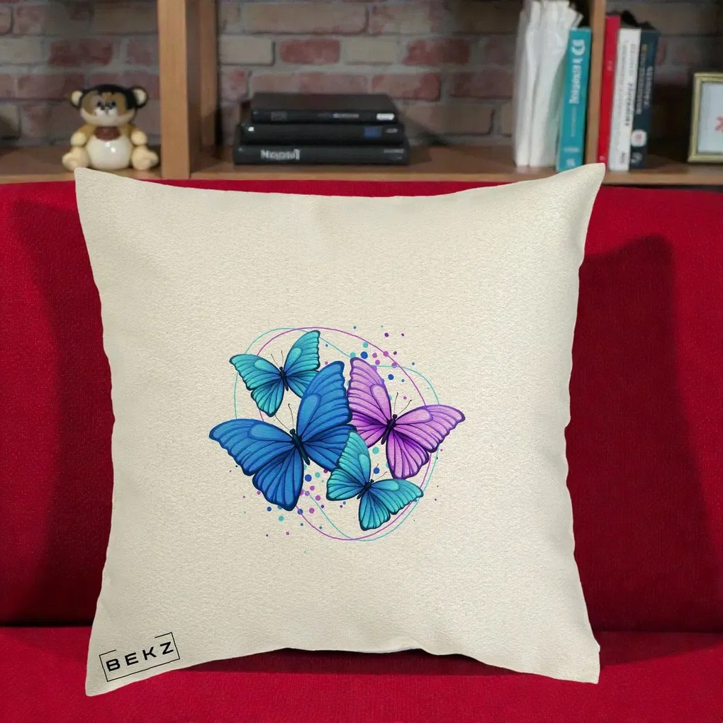 Perna Decorativa Patru Fluturi Turcoaz-Violet, 40x40 cm, Ecru, Husa Detasabila, Perna Inclusa, BEKZ®