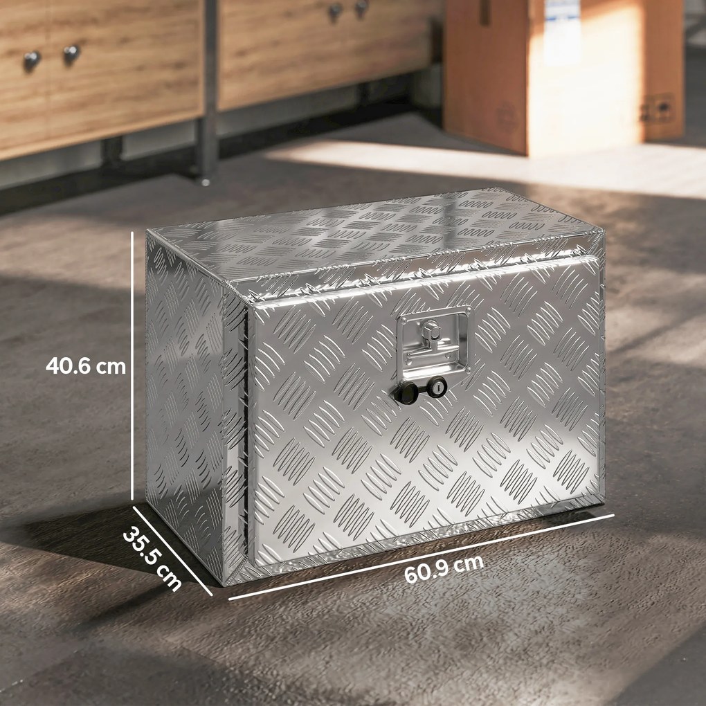 HOMCOM Cutie de Scule din Aluminiu cu Încuietoare și 2 Chei, Box de Depozitare 76L, Rezistentă și Impermeabilă, pentru Pickup Rulote Remorci, 60,9x35,5x40,6cm, Argintiu | Aosom Romania