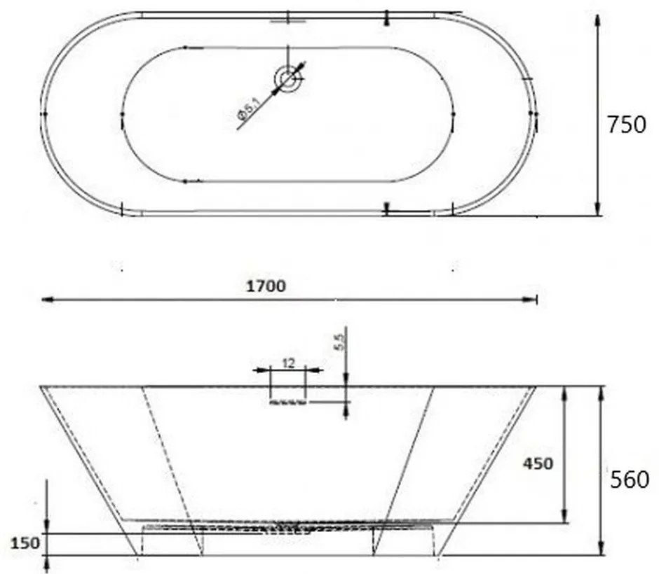 Cada baie freestanding, ovala, Marlin Bella Casa, acril, 170 x 75 cm 1700x750 mm