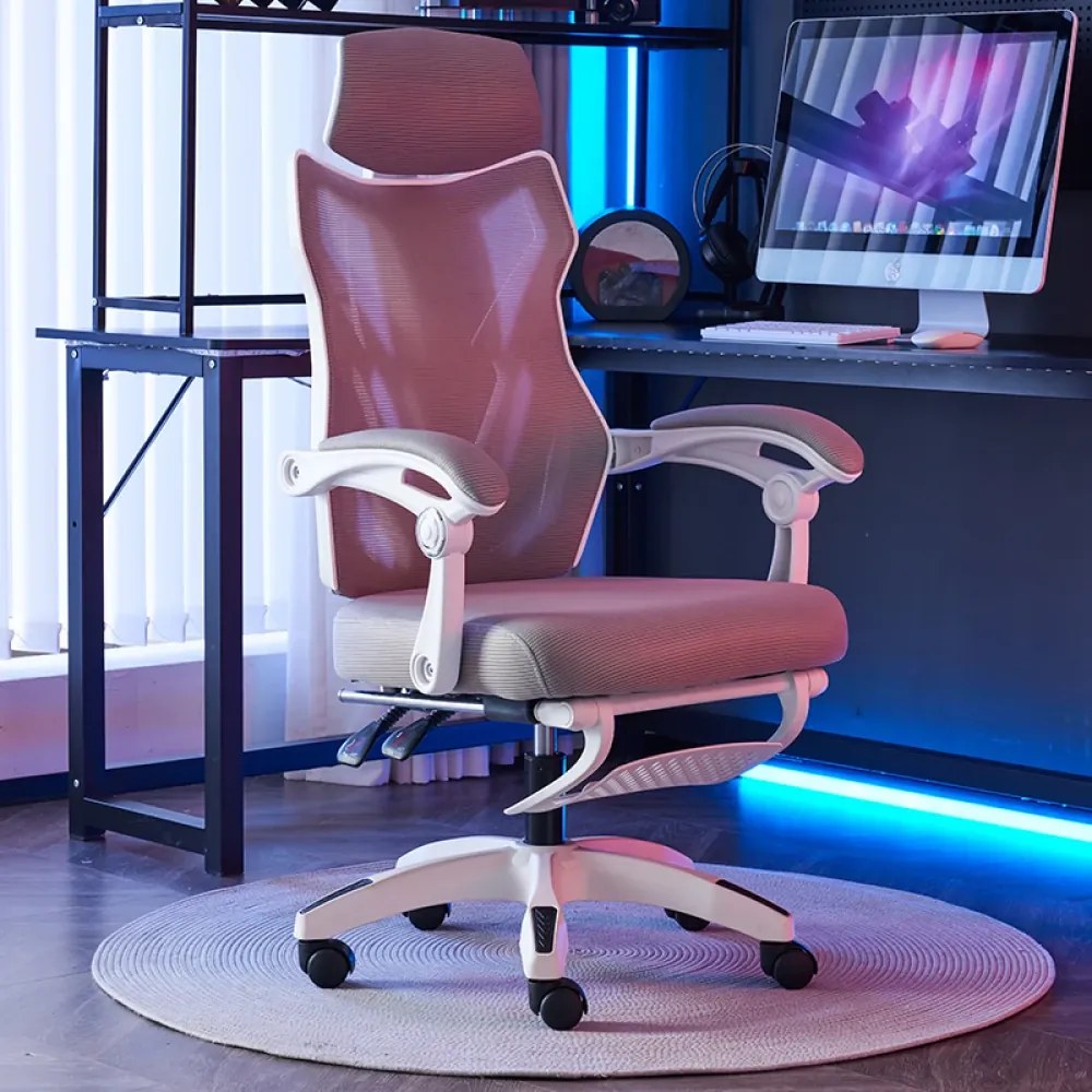 Scaun ergonomic, Mesh, tetiera reglabila, suport picioare, Alb/Gri