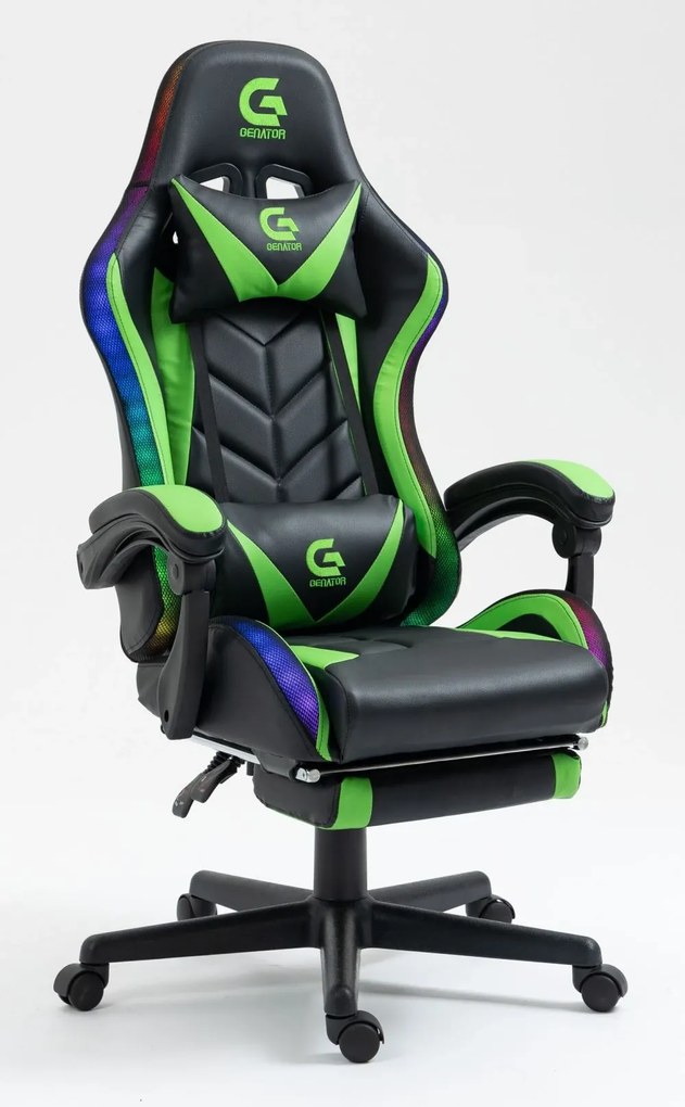 RESIGILAT- Scaun gaming, sistem iluminare bandă LED RGB, masaj în perna lombară, suport picioare, Negru/Verde