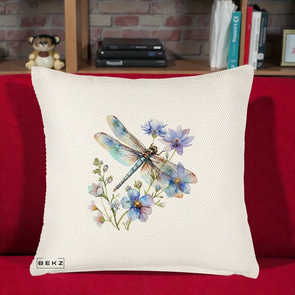 Perna Decorativa Libelula Acuarela Flori Albastre, 40x40 cm, Crem Reliefat, Husa Detasabila, Perna Inclusa, BEKZ®