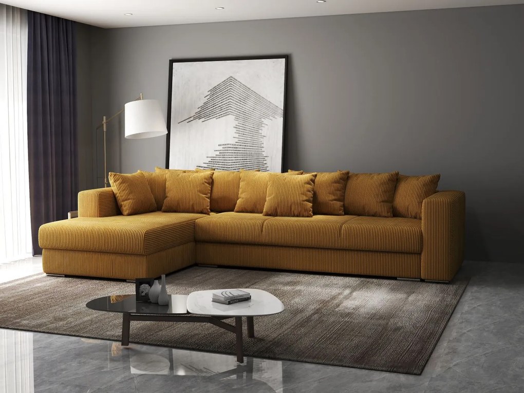 Colțar extensibil dumonde cu ladă de depozitare si sezut confortabil din spuma high-density, Gloria Zoom Mustar 320x183 cm