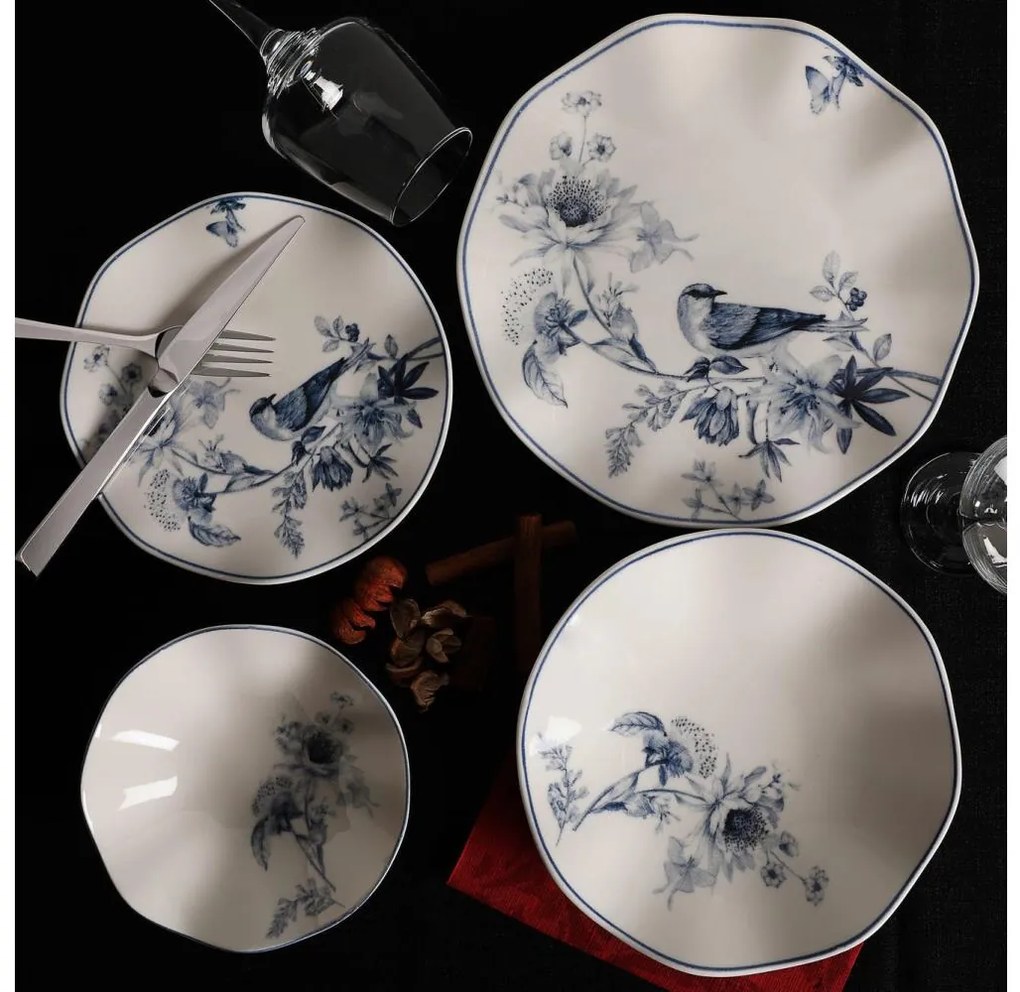 Set de veselă 24 piese din porțelan, alb/albastru