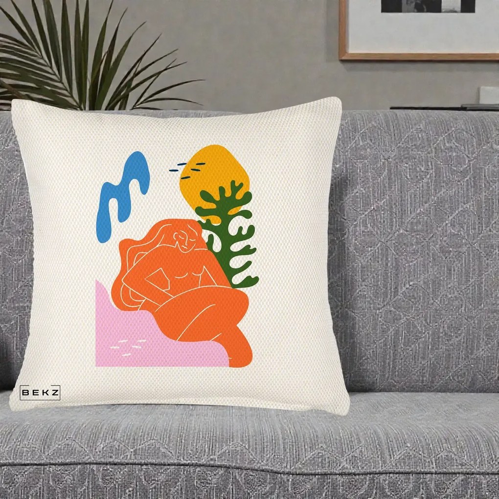 Perna Decorativa Femeie Portocalie Relaxata, 40x40 cm, Crem Reliefat, Husa Detasabila, Perna Inclusa, BEKZ®