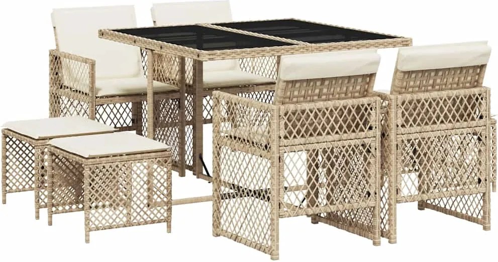 vidaXL Set de masă pentru grădină, 9 piese, cu perne, bej, poliratan