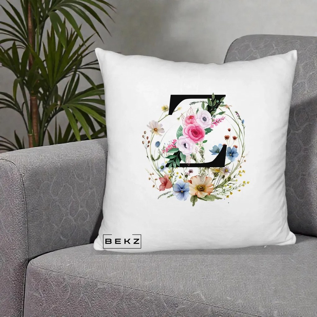 Cadou Personalizat - Perna Personalizata Monograma Florala Litera Z cu Coroana, 40x40 cm, Alb Pufos, Husa Detasabila, Perna Inclusa, BEKZ®