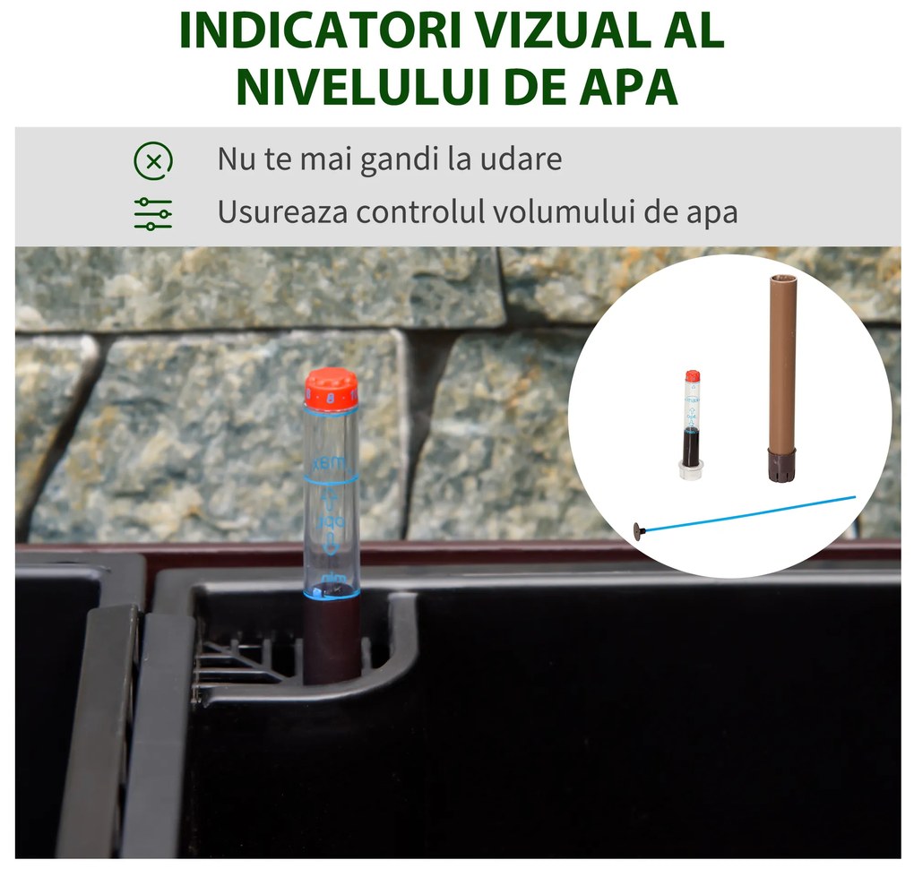 Jardiniera de Balcon Outsunny cu Carlig pentru Balustrada Reglabila, Indicator Nivel Apa si Disc cu Auto-Irigare, 99x18x19cm