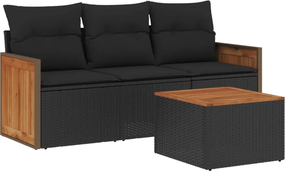 vidaXL Set mobilier de grădină cu perne, 4 piese, negru, poliratan